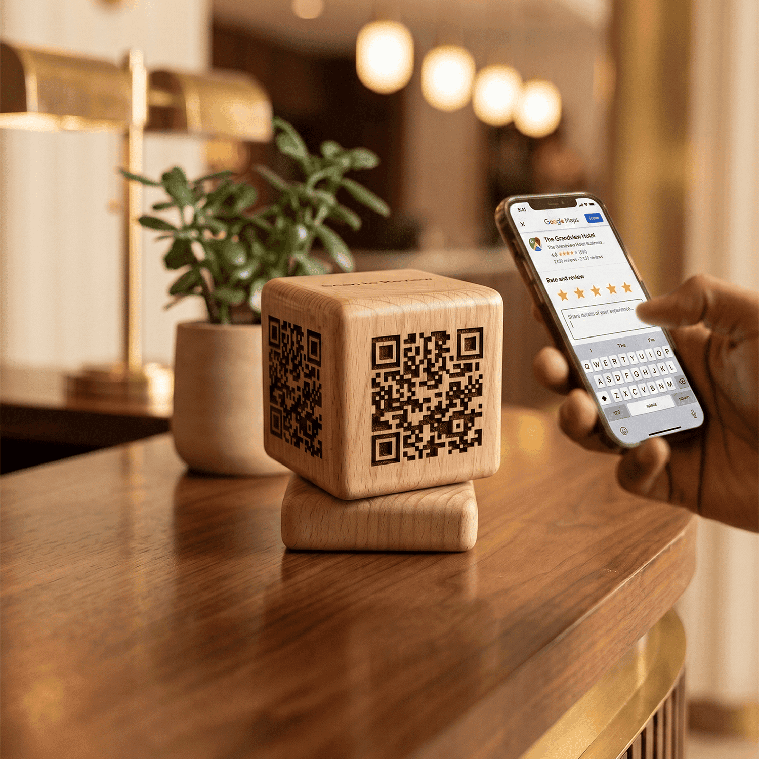RepCube European hardwood review cube on a counter being scanned by a customer's phone